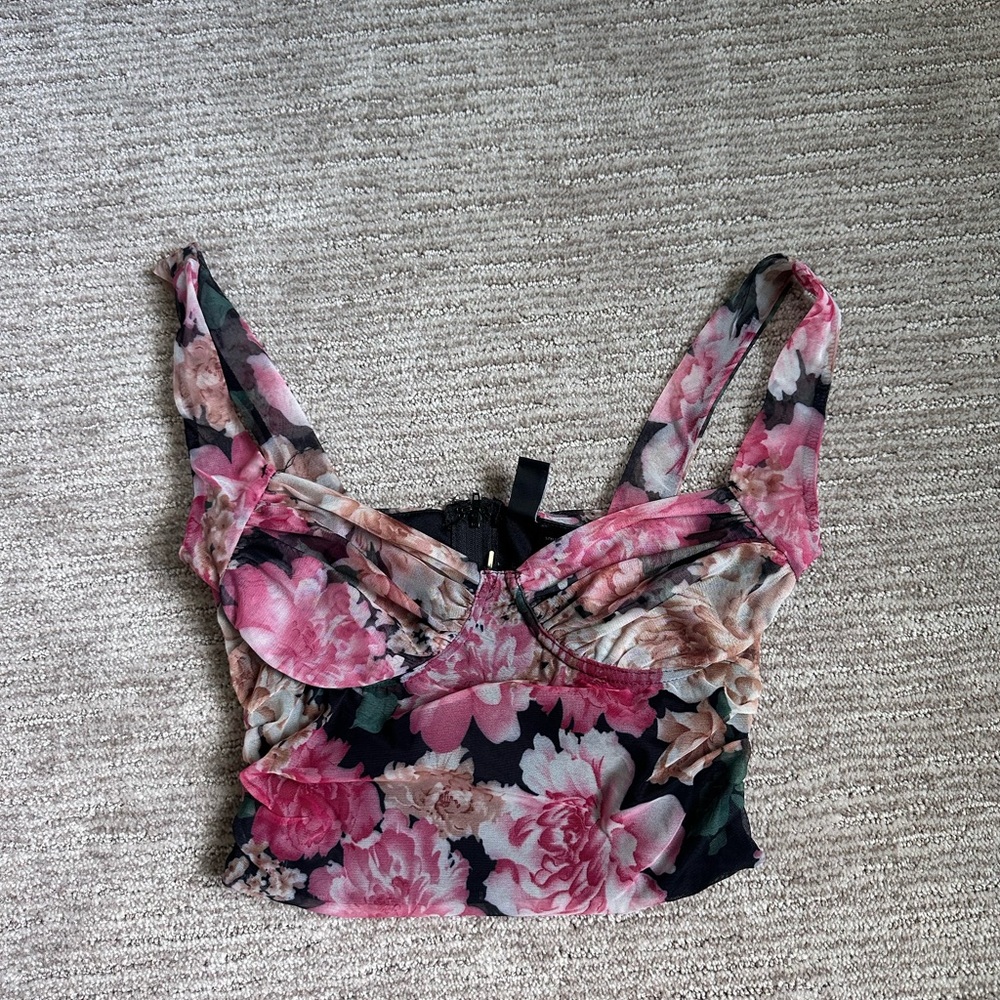 Floral Pink and Black Women's Crop Blouse
